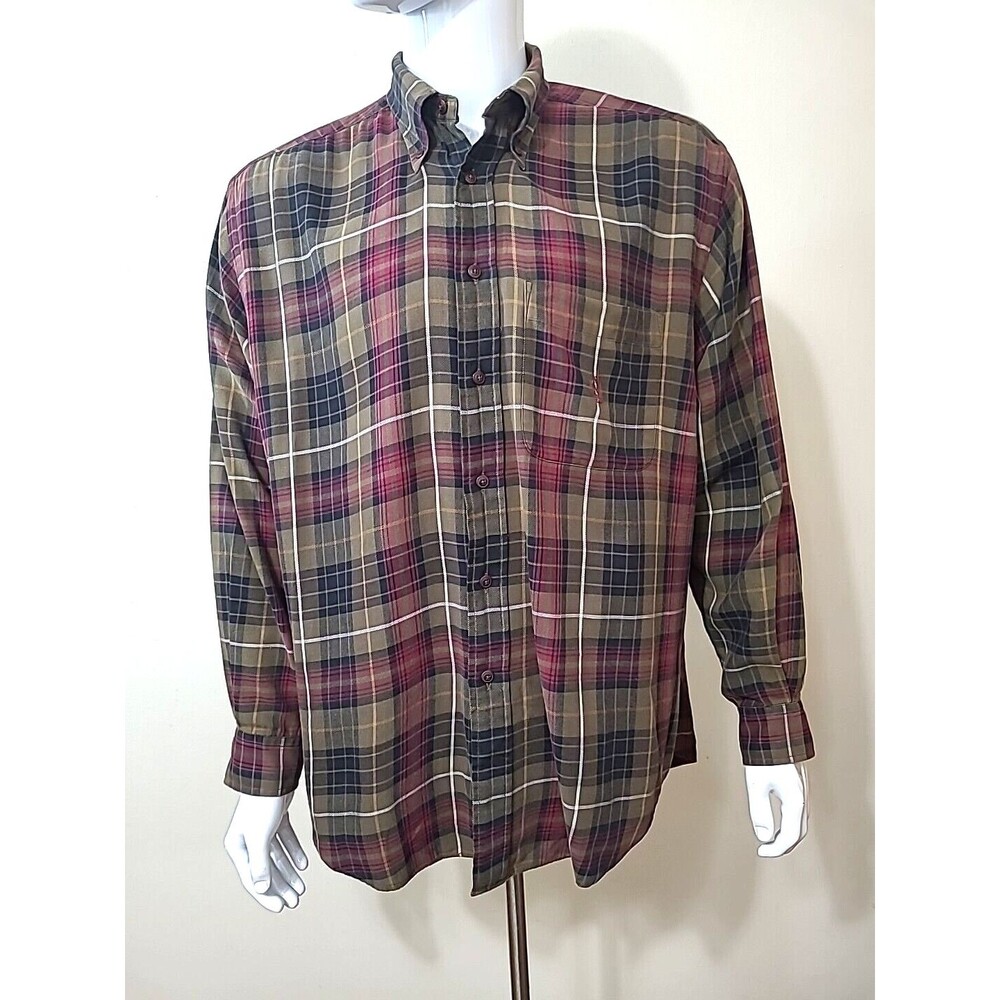 Nautica Mens Plaid Shirt Size Large  Green Red Tan White Plaid Check 100% Cotton